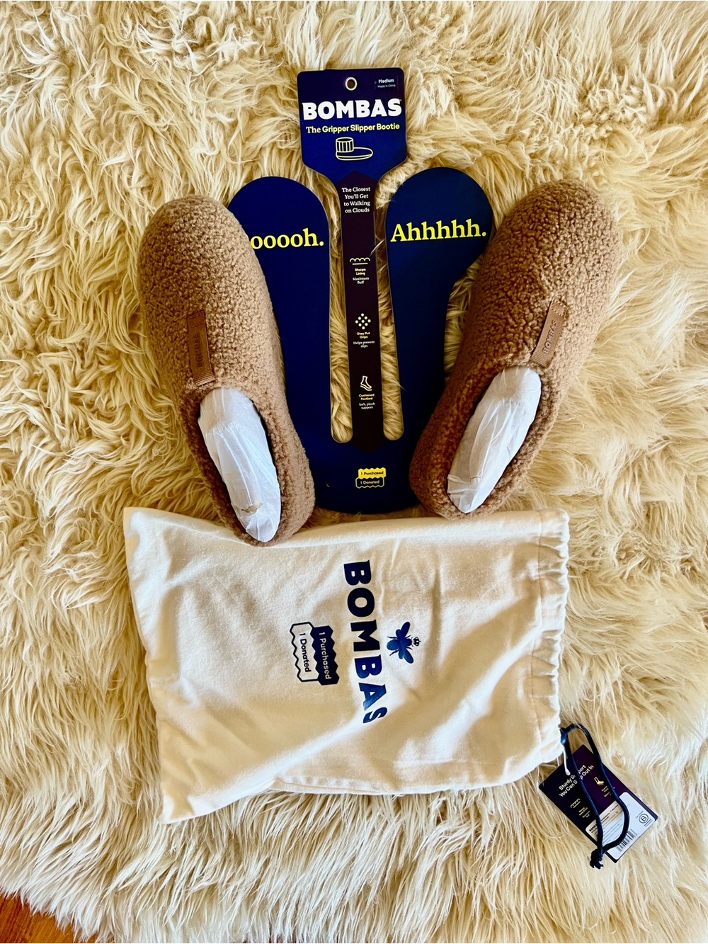 Bombas women Tan Sherpa Gripper Slipper Booties